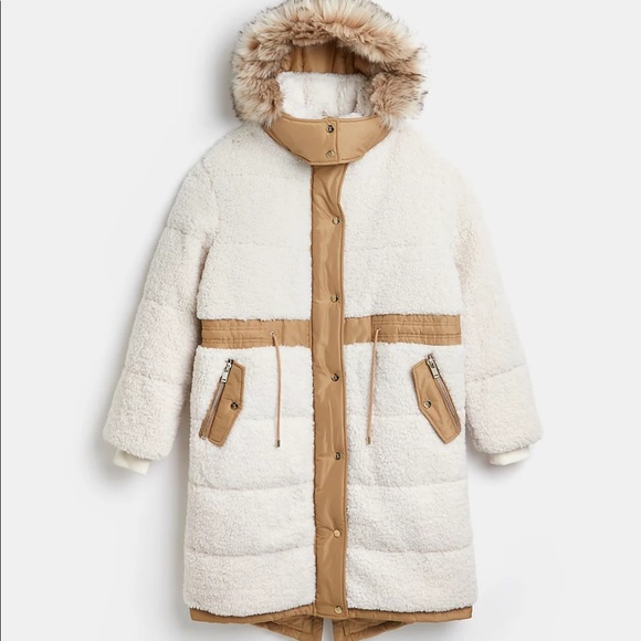 Borg Cream Padded Parka Coat Sherpa - Picture 5 of 6